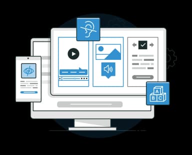 Ilustración de dispositivos mostrando contenido accesible en una computadora y un dispositivo móvil. Incluye íconos de accesibilidad auditiva y visual, junto con representaciones de multimedia, como un reproductor de video y audio. También se ven controles de texto y opciones de navegación. La imagen destaca la importancia de garantizar la accesibilidad en diferentes dispositivos para usuarios con discapacidades.