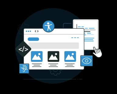 Ilustración de una página web accesible, que incluye íconos relacionados con accesibilidad, como un símbolo de accesibilidad general, un ícono de discapacidad auditiva, y un ícono de visión. También se muestran elementos de código, imágenes, y una mano haciendo clic en una página de código, destacando la importancia de la accesibilidad web en el diseño de interfaces.