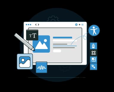 Ilustración de una herramienta de diseño web accesible, con íconos que representan la edición de texto, imágenes y accesibilidad. También se muestran herramientas para ajustar el contenido, como un lápiz dibujando sobre una imagen y ajustes visuales, destacando la importancia de diseñar interfaces accesibles y adaptables para todos los usuarios.