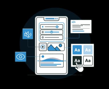 Ilustración de una interfaz móvil accesible, mostrando opciones de personalización como ajustes de tamaño de texto, control de volumen, y accesibilidad visual. También se observan elementos multimedia e íconos que representan accesibilidad auditiva y visual. La imagen destaca la importancia de proporcionar opciones de accesibilidad en las aplicaciones móviles para mejorar la experiencia del usuario.