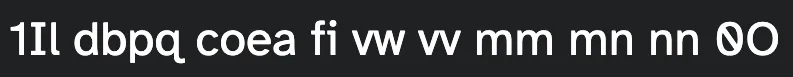 Ejemplo de la tipografía Atkinson Hyperlegible con las letras 1Il dbpq coea fi vw vv mm mn nn O0